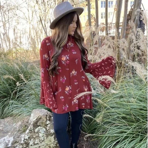 Free People Tate Tunic / Mini Dress Burgundy Vintage Combo Floral Print Size XS - Picture 1 of 14